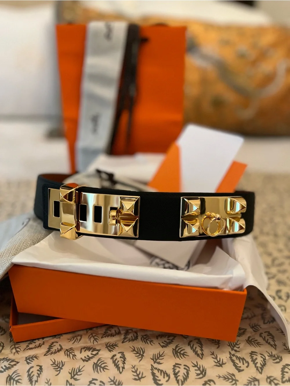 Black Leather Collier de Chien Belt with Gold Stud Hardware - Picture 10 of 11